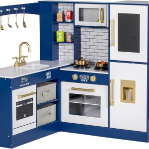 Corner Play Kitchen for Kids, Wooden Toddler Kitchen Playset w/Faucet, Sink, Microwave, Oven, Apron, Blackboard, Cabinets, Pretend Cooking Toys w/Sound & Light Gift for Ages 3+ (Blue)