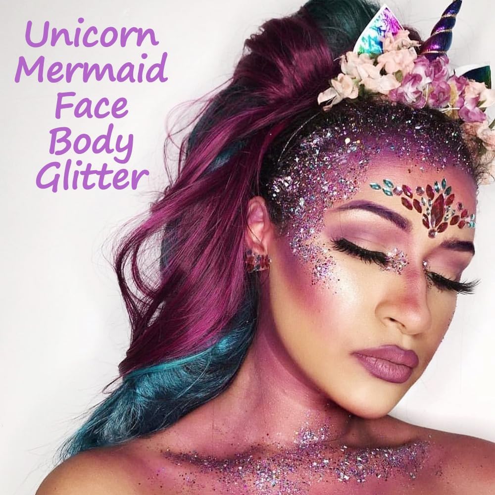 Mysense Purple Body Glitter Stick,Singer Concert Outfit Face Glitter Makeup for Women,Hair Glitter Gel for Kids,Festival Rave Pride Accessories,Mermaid Sequins Chunky Glitter Face Paint,0.56oz - Image 3