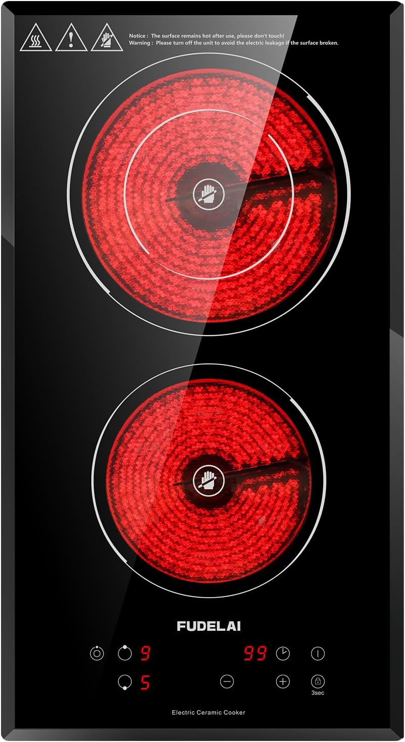 2 Burners Electric Cooktop, Portable Ceramic Cooktop with 9 Power Levels & Timer, 1800W 120V, Child Safety Lock, Built-in/Countertop Use, RV Camping, Safety Auto Shutoff, UL Certified Plug