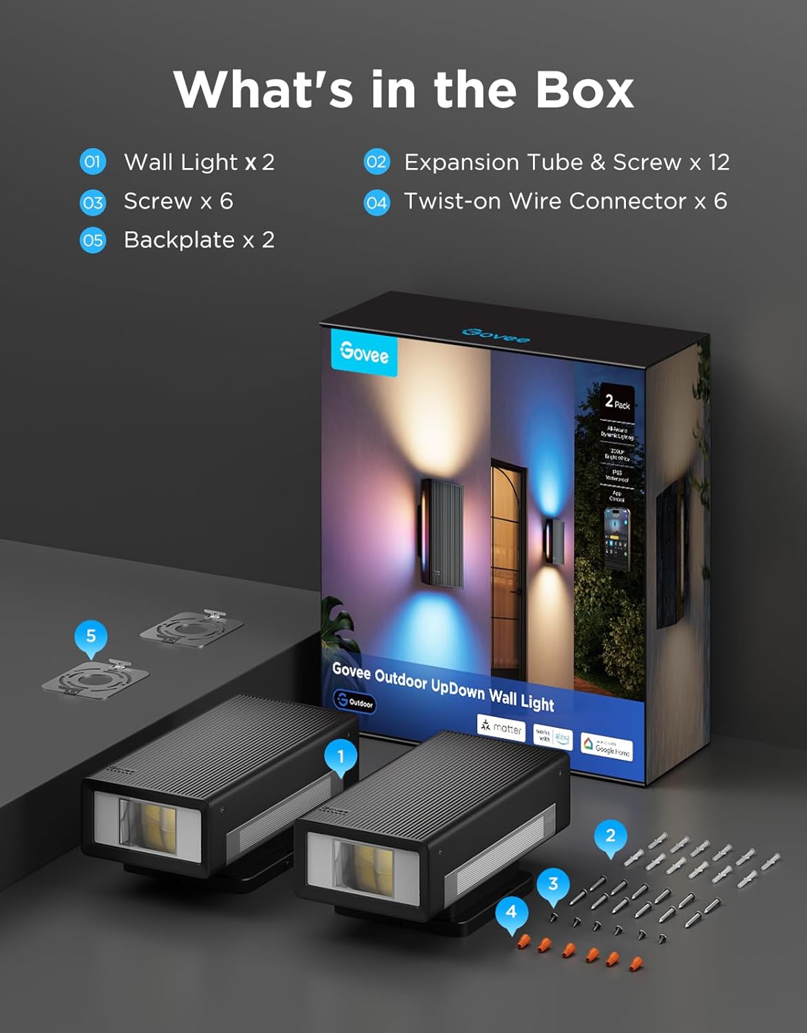 Govee Outdoor UpDown Wall Light, 2 Pack, 1200LM RGBICWW Smart Porch Lights Outdoor with 64 Scene Modes, IP66 Waterproof Wall Sconce for Outdoor Decor, Works with Alexa, Google Assistant and Matter - Image 9