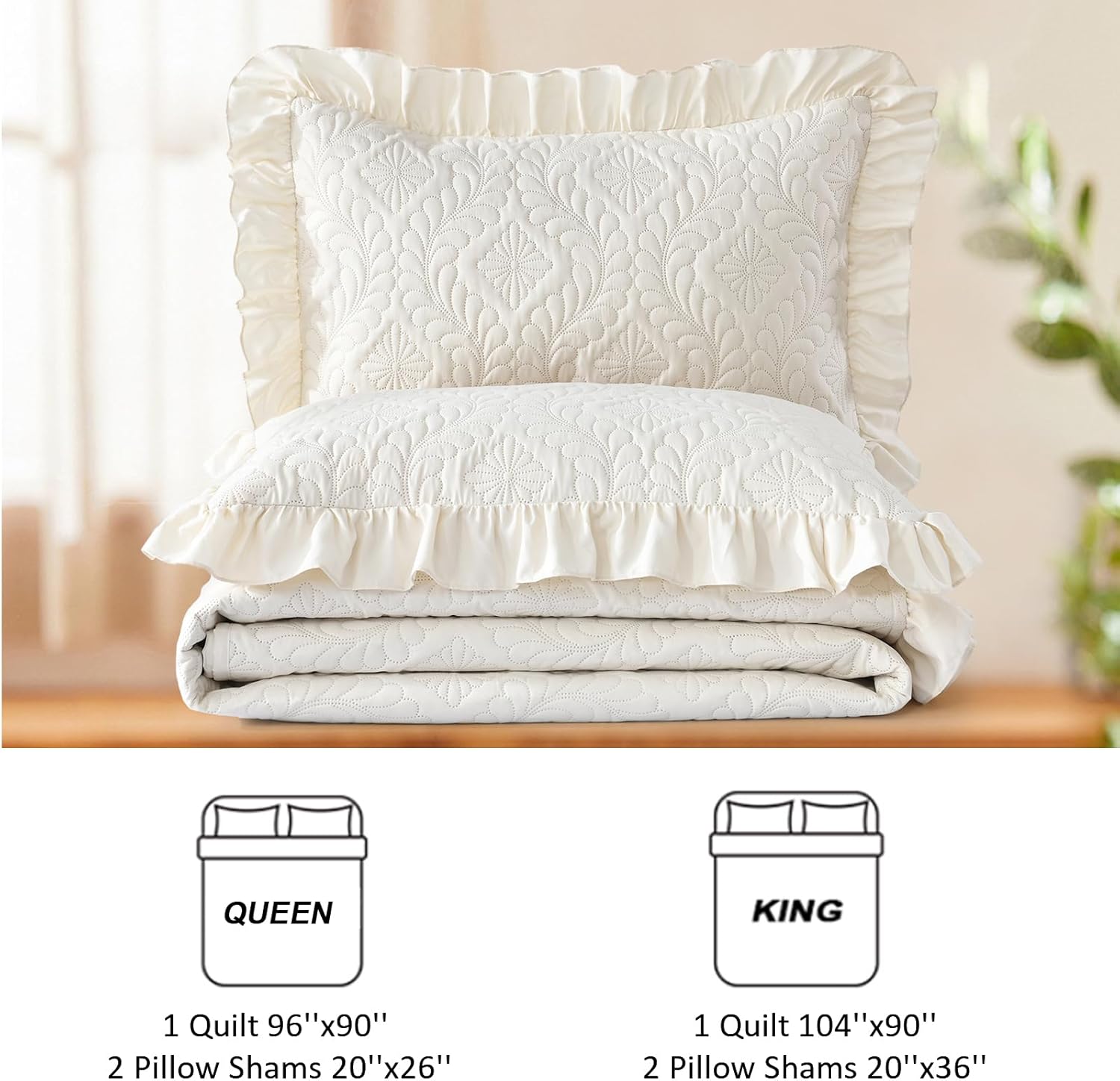 DJY Queen Quilt Bedding Set Size, Beige Ruffled Lightweight Soft Bedspreads Queen Size Coverlet, Basket Weave Quilted Blanket Thin Quilt Bed Cover for All Season - 3 Piece (1Quilt, 2 Pillow Shams) - Image 6
