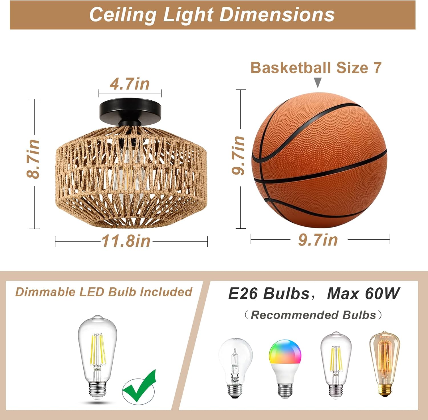 Boho Light Fixtures Ceiling Mount,Mini Rattan Chandelier Light Fixture with Dimmable LED Bulb,Hand Woven Ceiling Light Fixtures Flush Mount for Hallway Bedroom Kitchen Entryway Living Room - Image 3