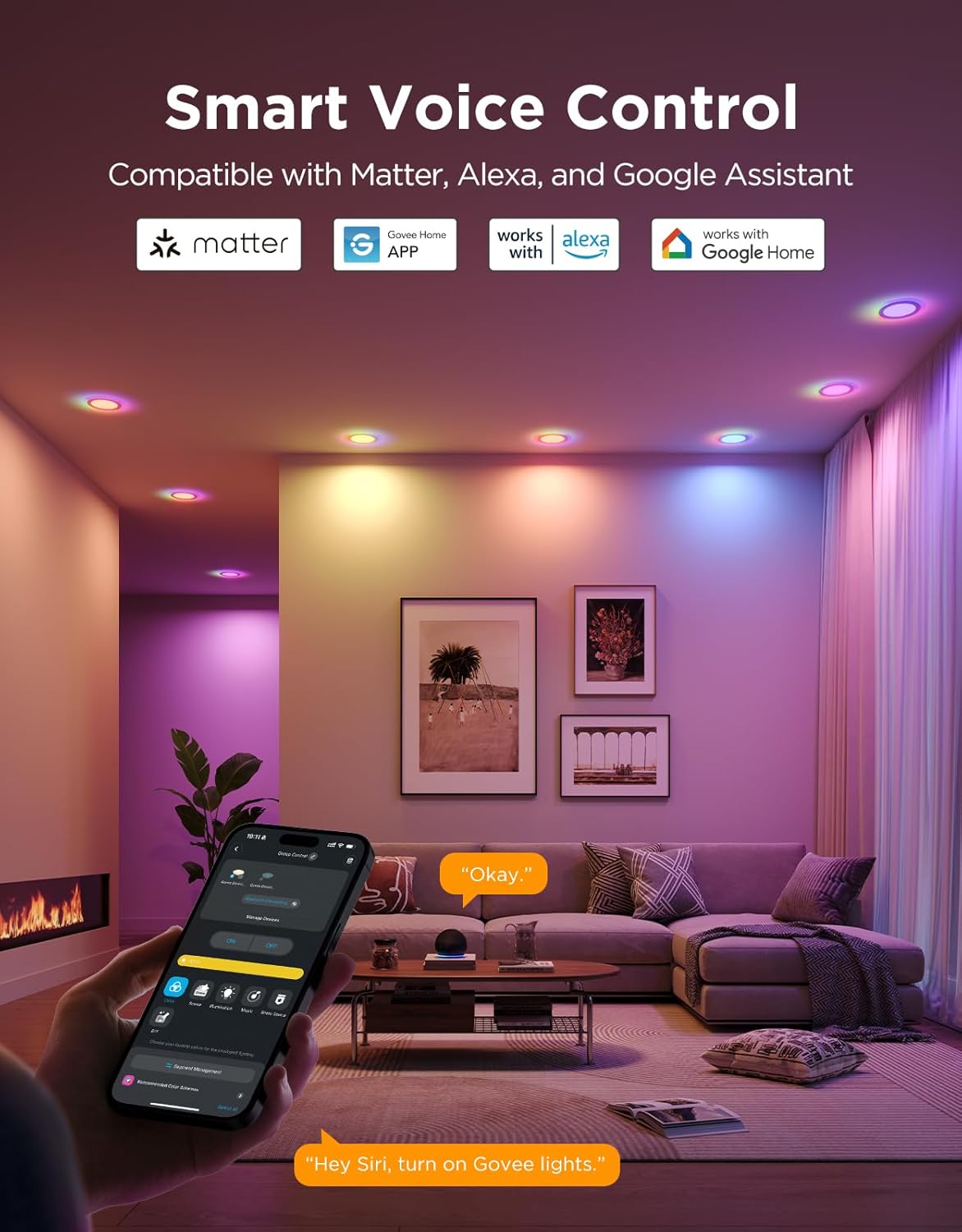 Govee Smart Recessed Lighting 6 Inch, Matter RGBIC LED Recessed Light Work with Alexa, Google Assistant, Dimmable 1100LM Canless Downlight with Junction Box for Living Room, Bedroom, Kitchen 4 Pack - Image 3