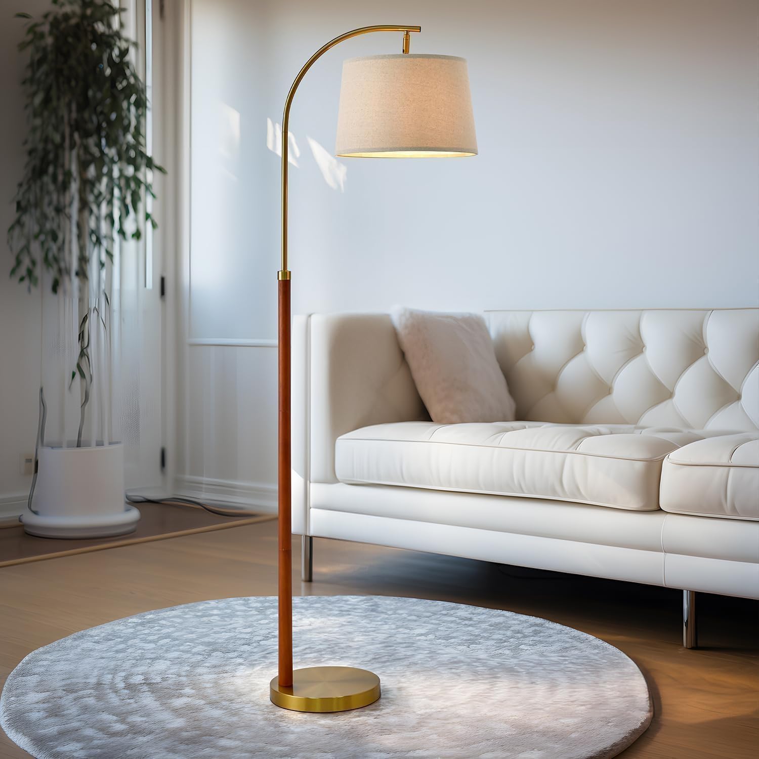 62.5" Wood Floor Lamp for Living Room Gold with Foot Switch Arc Standing Tall Lamps for Bedroom Mid Century Modern Corner Floor Lamps for Office Nursery Industrial Reading Light Room Lamp - Image 9