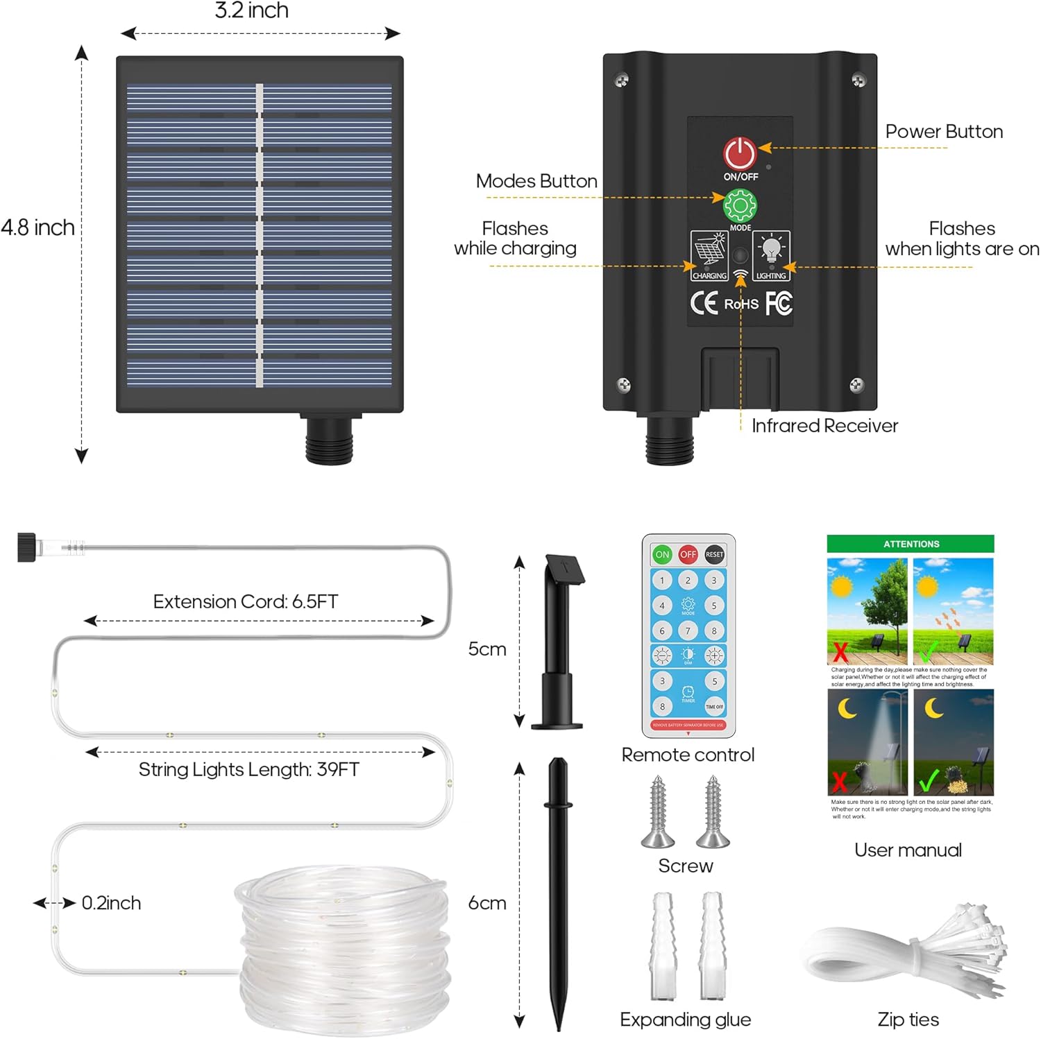 ICRGB Solar Rope Lights Outdoor, 66FT 200LED Christmas Fairy Light with Remote, IP67 Waterproof Solar String Lights, Timing & 8 Modes, Outdoor Light for Garden Patio Porch Pool, Warm White - Image 8