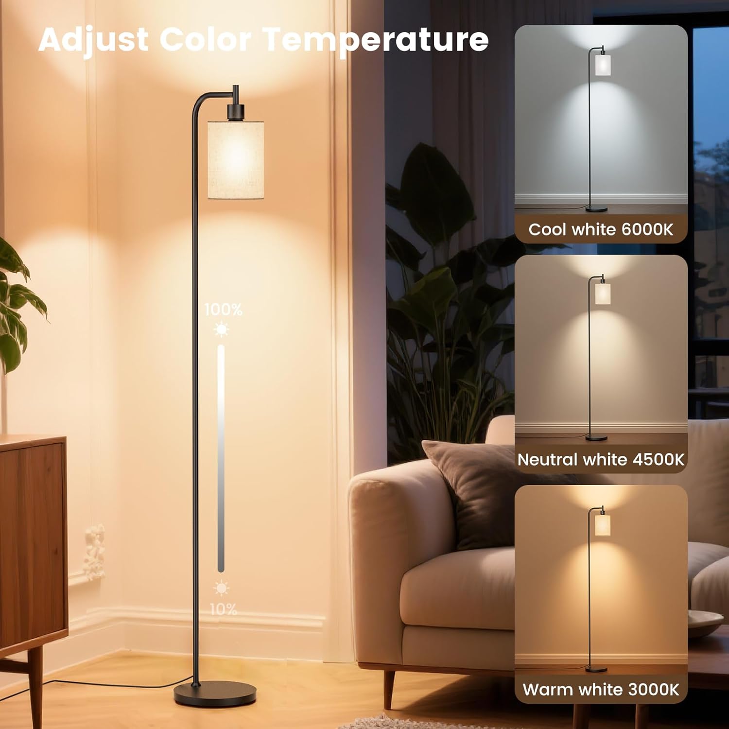 Floor Lamp with Linen Shade, Dimmable Tall Standing Lamp with Remote Control & 3 Color Temperatures, Modern Floor Lamps for Living Room Bedroom Office Corner, 9W LED Bulb Included - Image 2