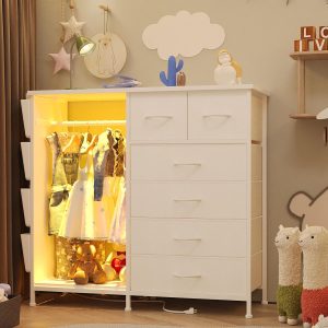 6 Drawer Dresser for Bedroom with Clothes Rack, Clothes Dresser with Side Pockets and Hooks, Charging Station & LED Lights, Wooden Top, Fabric Storage (White)