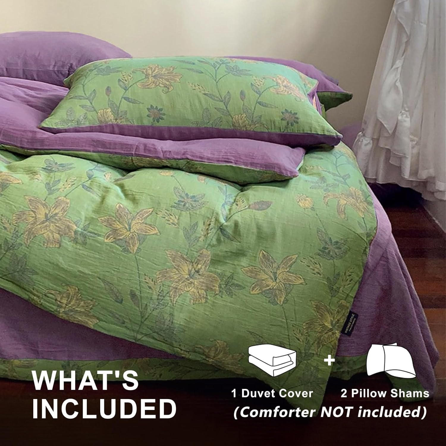 VM VOUGEMARKET Linen Cotton Jacquard Duvet Cover Queen,3 Pcs Yarn-Dyed Textured Duvet Cover Set Green Purple Floral Bedding Breathable, Natural Wrinkled Look-No Comforter - Image 3