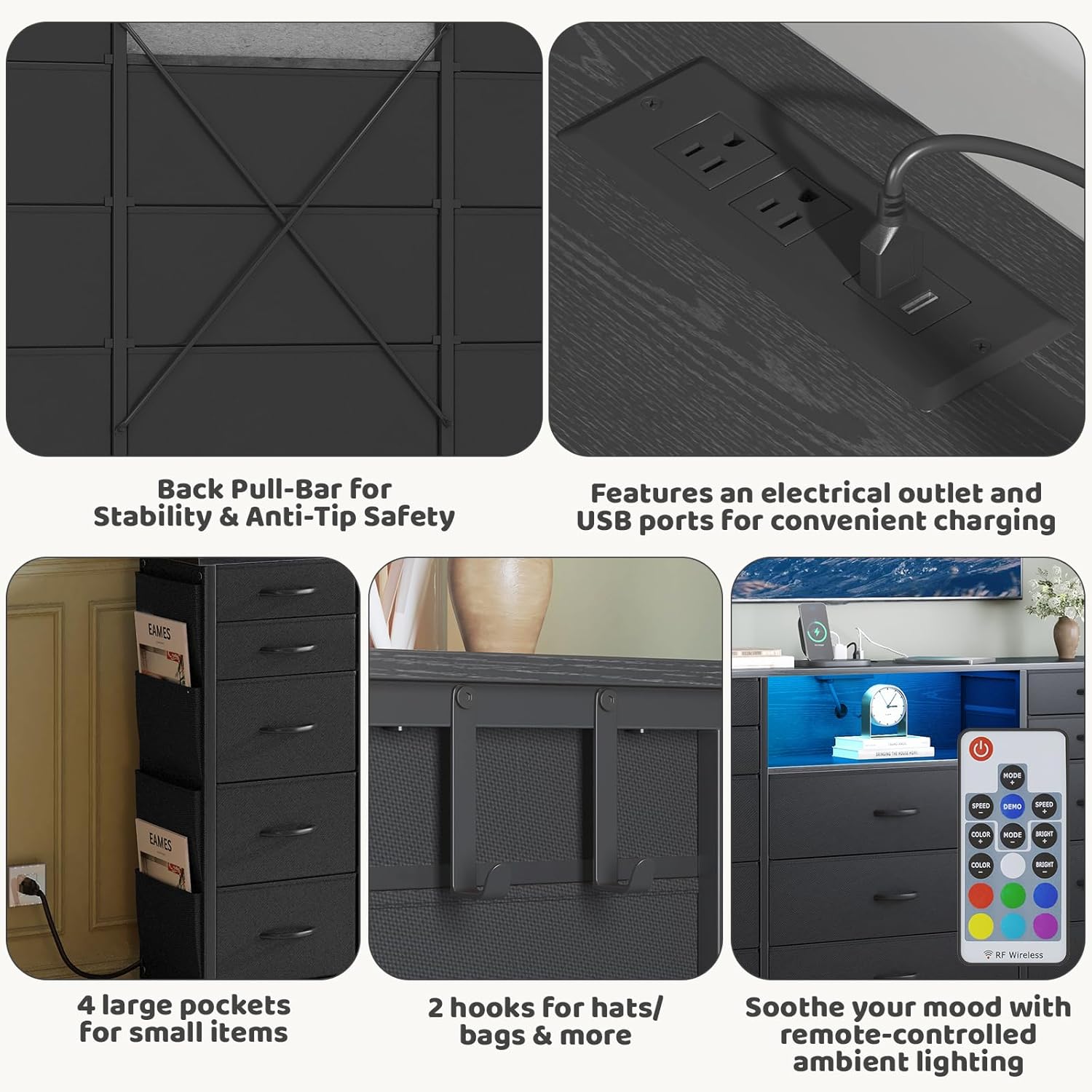 HCHQHS 47 Inch Dresser for Bedroom with 13 Drawers,Side Pockets Hooks and Lights with Remote Control,Hallway,Closet,Kitchen,Large TV Stand (Black) - Image 5