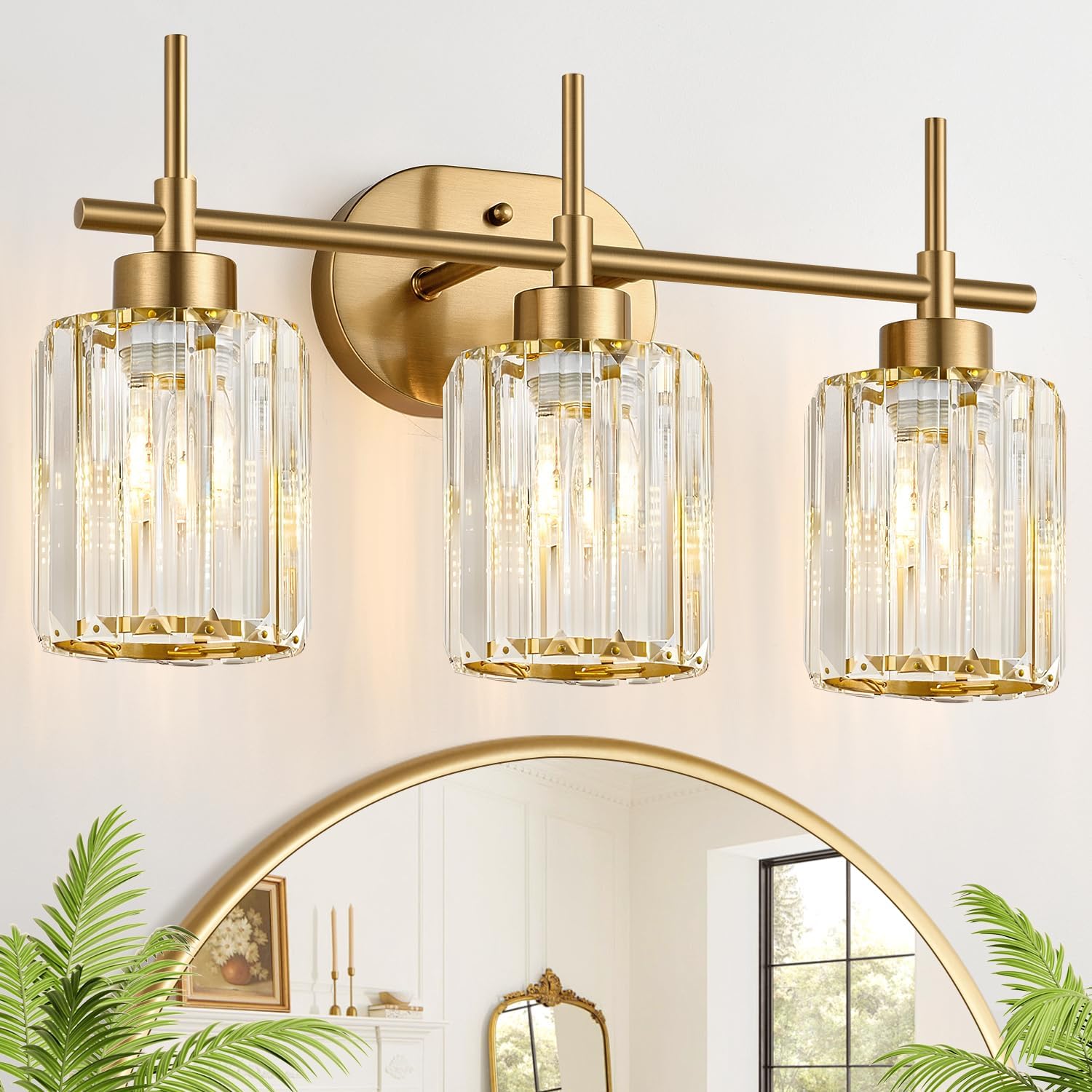 Modern Crystal Bathroom Vanity Light, 3-Light Brushed Gold Bathroom Light Fixtures with Clear Shades, Vanity Lighting Fixtures Over Mirror (Exclude Bulb)