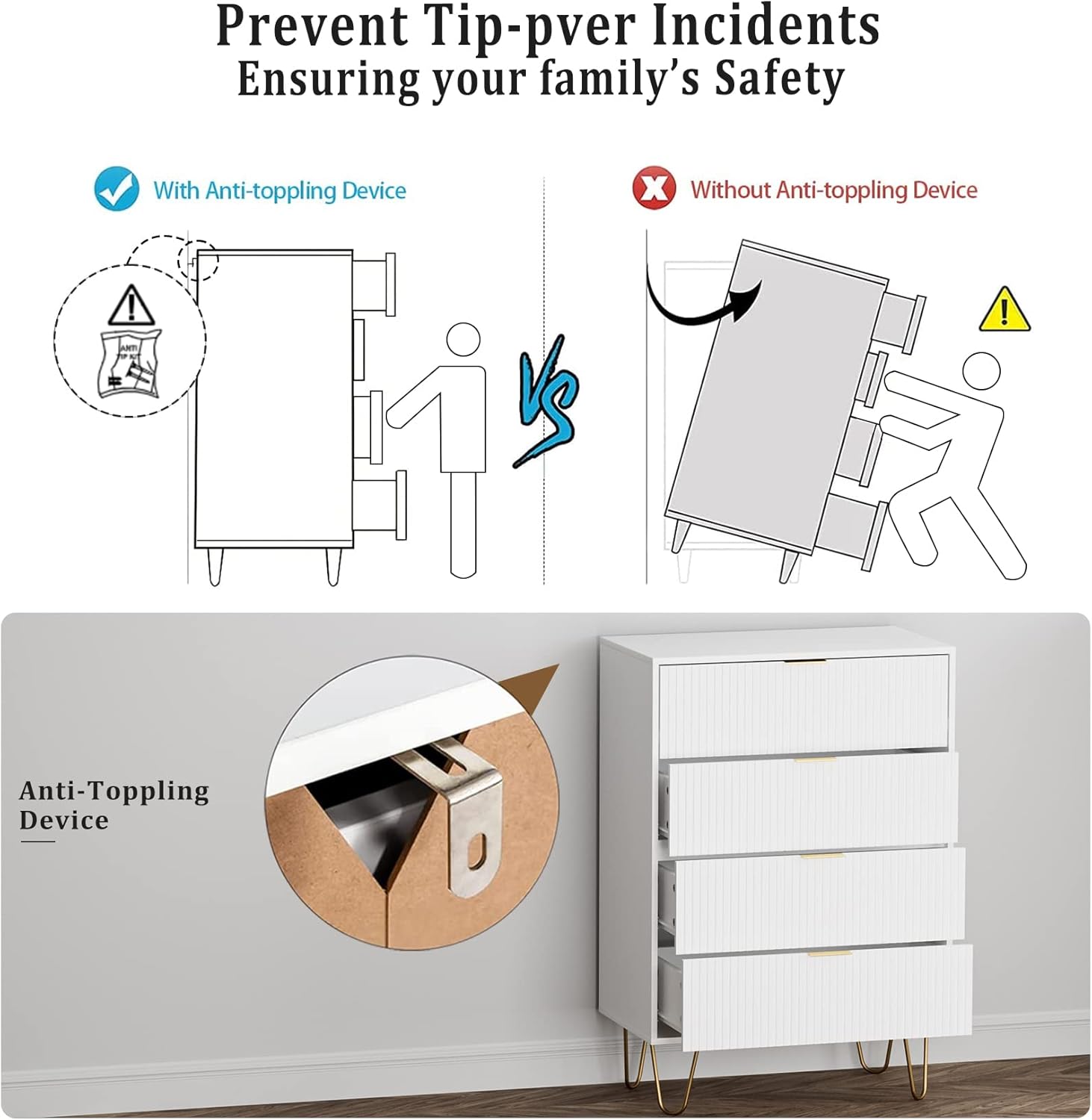 Masupu 4 Drawer Dresser, Drawer Chest, Tall Storage Chest Cabinet Organizer Unit with Metal Legs, Small Dresser for Bedroom, Living Room, Closet, Hallway White Stripe - Image 5