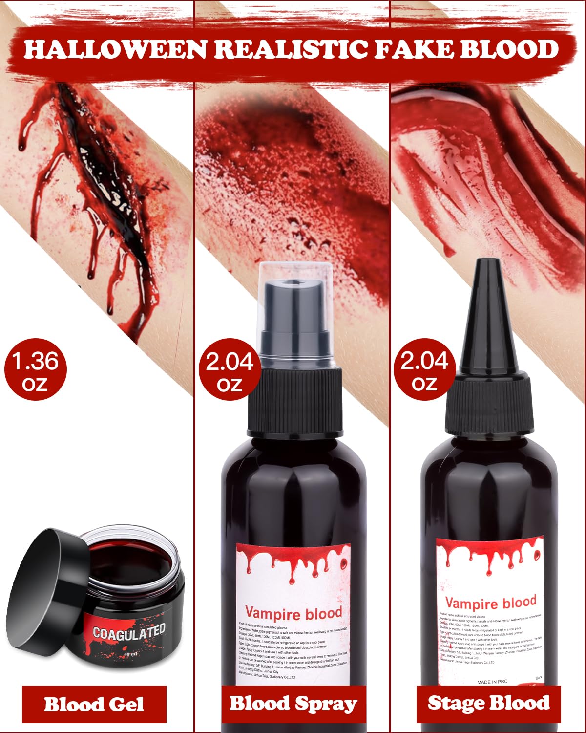 Halloween Fake Blood Makeup Kit 5.44oz, Realistic Fresh Red Faux Blood Spray Washable for Cosplay Party Zombie Vampire Monster - Image 3