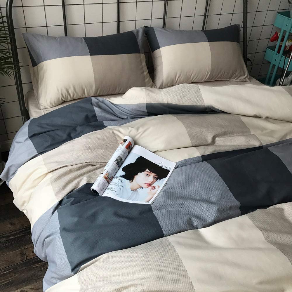 MKXI Plaid Comforter Set Queen Size, Geometric Checkered 3 Pieces Bedding Set Men Boys, Modern Style Comforter with 2 Pillow Shams All Season Soft Fluffy Bedding Set-(Tan,Dark Blue Grey,Khaki) - Image 5