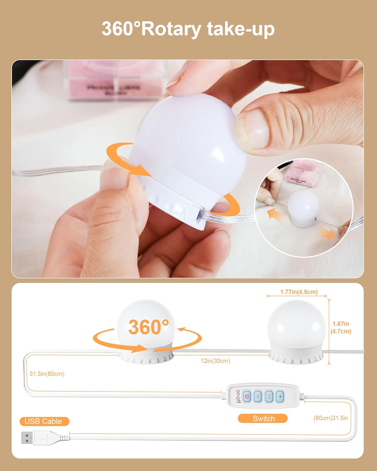 14 Bulbs LED Vanity Lights for Mirror, 3000K 4000K 6500K & 10-Brightness, Wire Length Adjustable, USB Cable, Hollywood Mirror Lights for Makeup Dressing Room Bathroom, White - Image 4