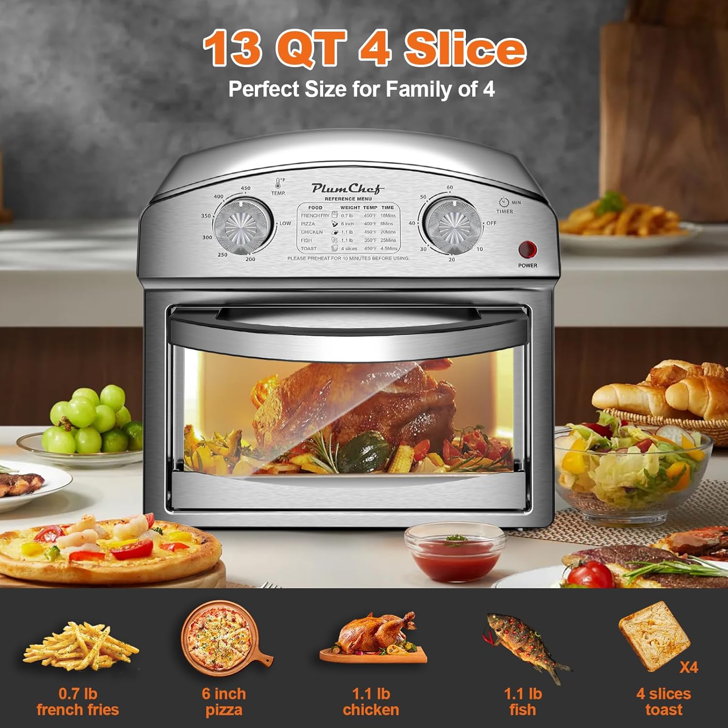 PlumChef 13 Quart 4 Slices Air Fryer Convection Toaster Oven, 1500W, Multifunction Oven with Reference Menus on Panel, Time and Temperature Controls,Stainless Steel - Image 3