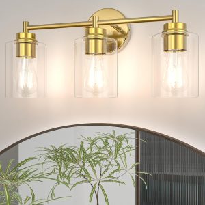 Bathroom Vanity Light Fixtures, 3-Light Brushed Gold Wall Sconce with Clear Glass, Modern Vanity Lights Over Mirror for Bathroom, Kitchen, Living Room, Mirror, E26 Base(Bulbs Not Included)