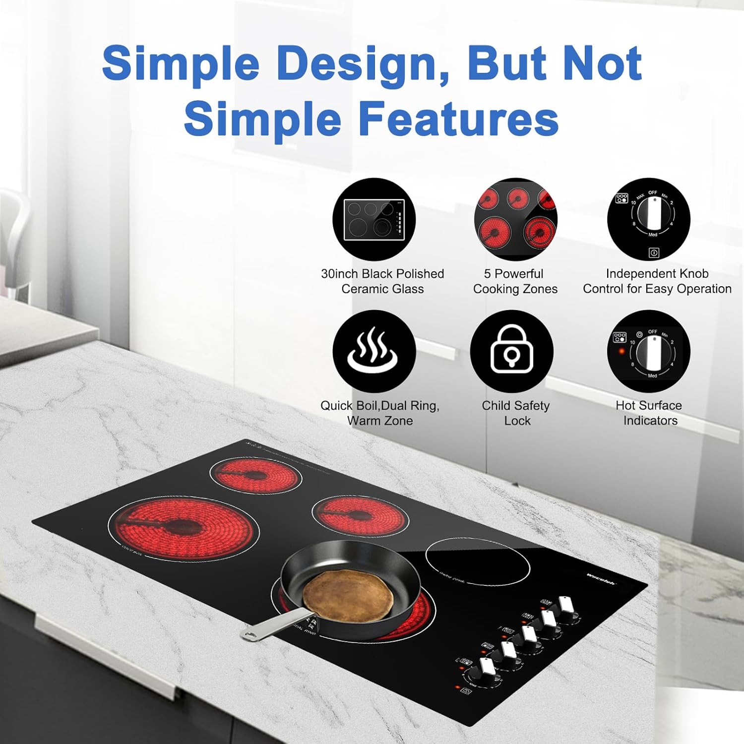 30 Inch Electric Cooktop 7300W Built-in Electric Stove Top 5 Burners 11 Power Levels,Knob Control,Keep Warm Function,Child Safety Lock,Hot Surface Indicator - Image 7