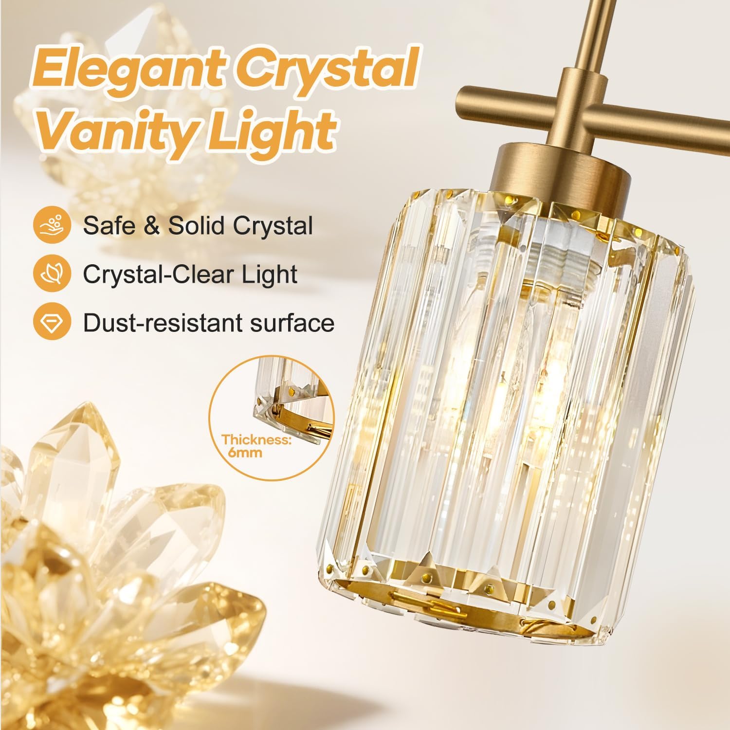 Modern Crystal Bathroom Vanity Light, 3-Light Brushed Gold Bathroom Light Fixtures with Clear Shades, Vanity Lighting Fixtures Over Mirror (Exclude Bulb) - Image 3