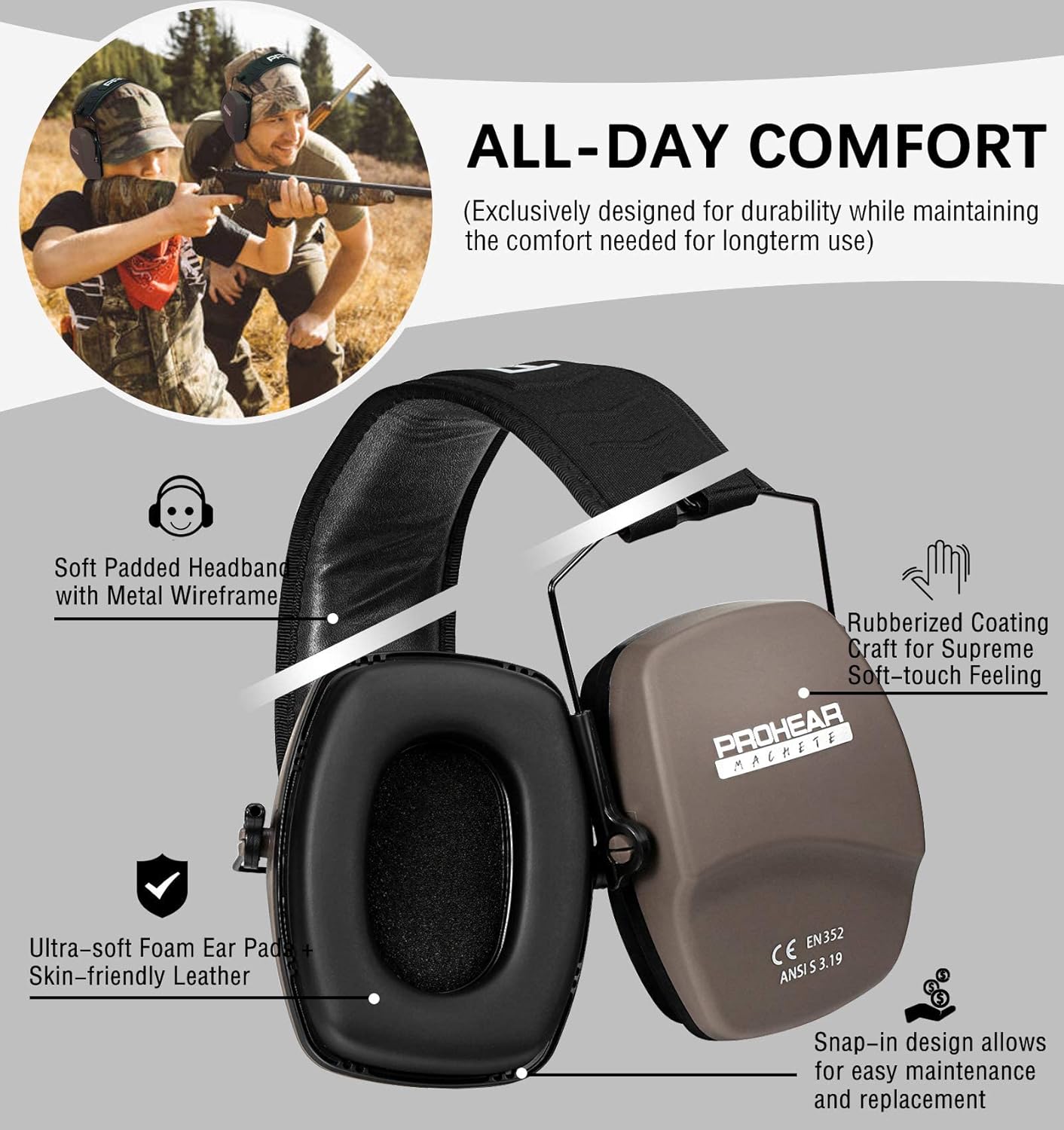 PROHEAR 016 Shooting Ear Protection Earmuffs 2 Pack, NRR 26dB for Gun Range, Hunting -Black and Brown - Image 4