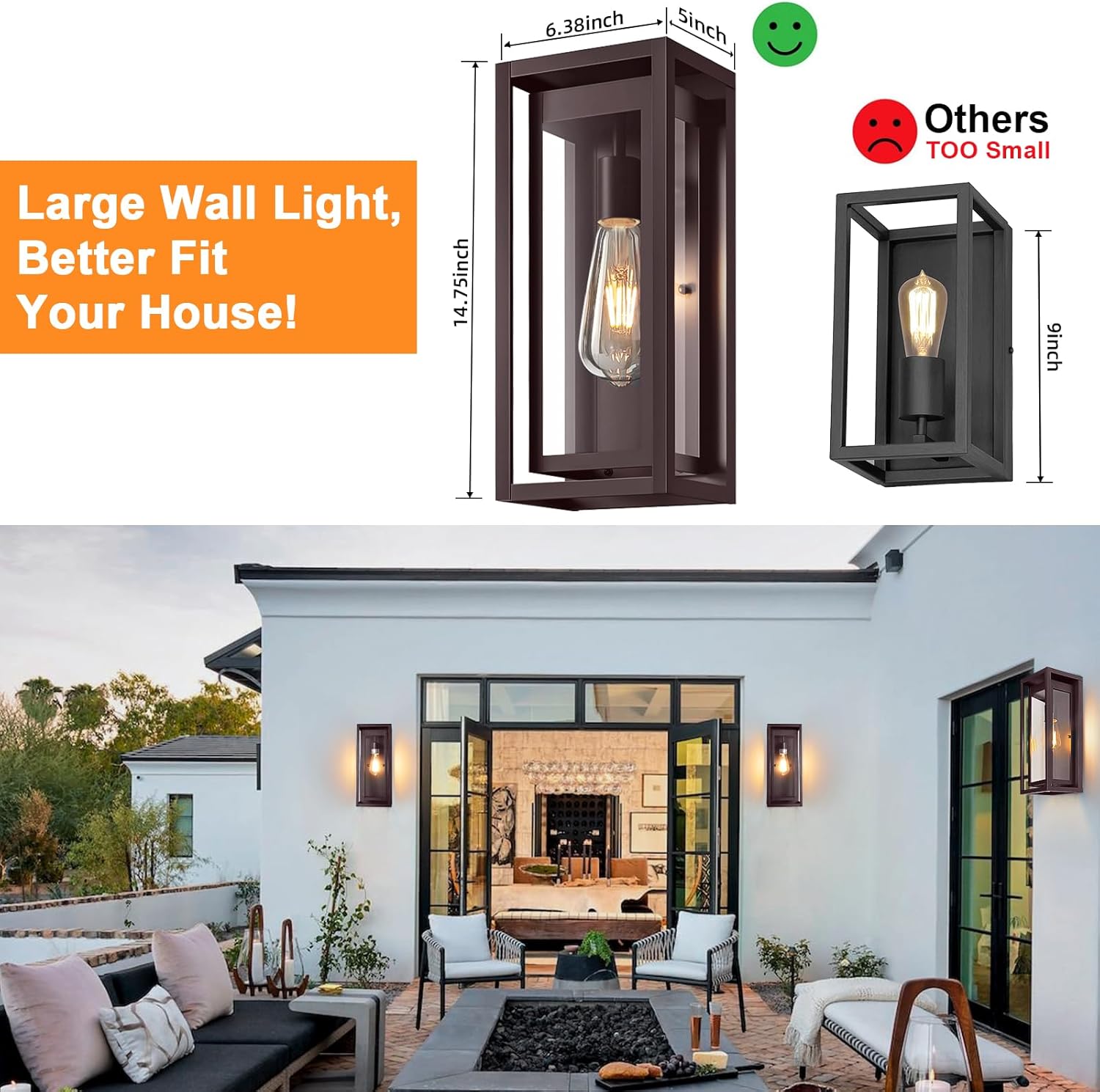 15" Large Oil Rubbed Bronze Outdoor Light Fixture, 2 Pack ORB Outdoor Sconces, Modern Waterproof Wall Lights with Clear Glass Shade for Front Door, Porch, Garage - Image 6