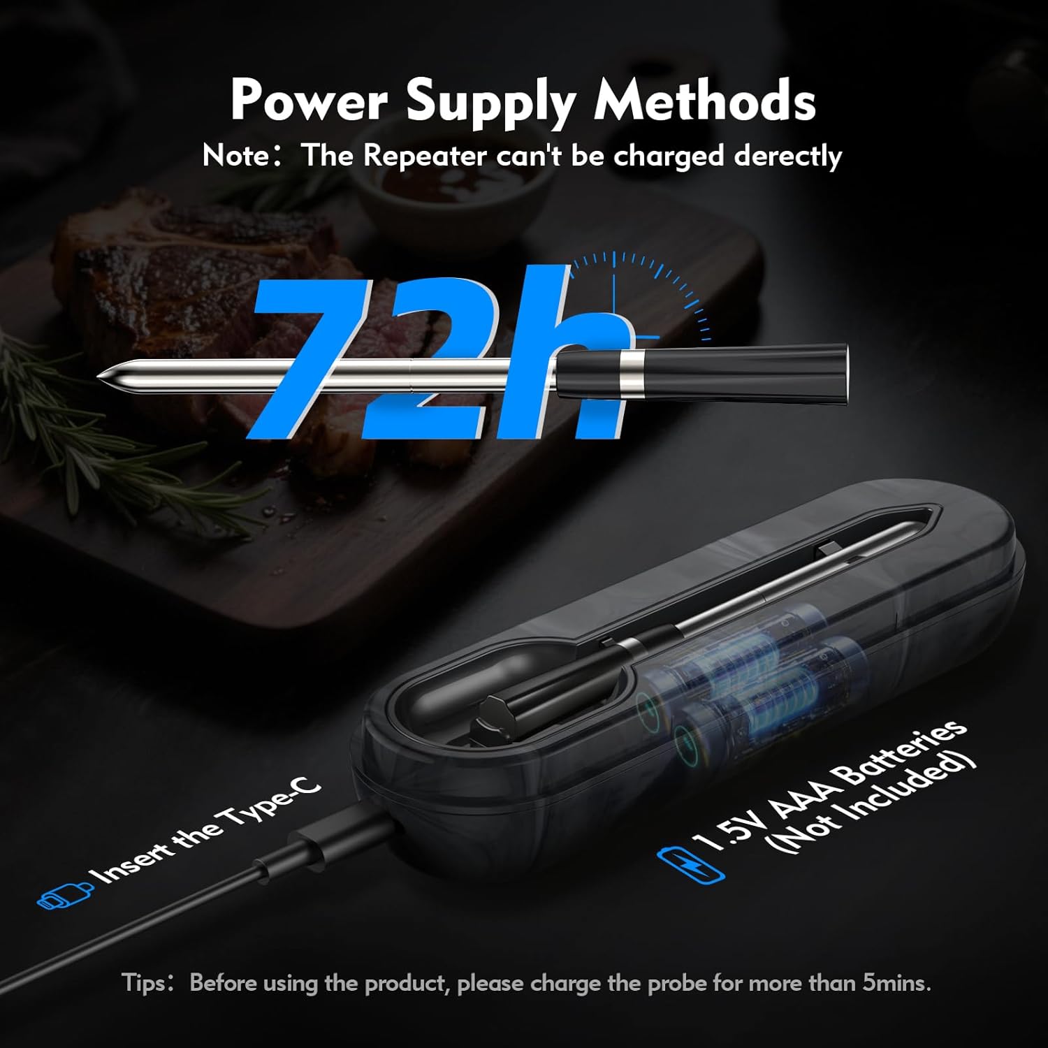 Aurasky Unique Wireless Meat Thermometer, Accurate Temperature Detection Probe, 500FT Remote Monitoring, Dual Alarm, Cooking Meat Thermometer Wireless for Grilling, Smoking, Oven, BBQ, Rotisserie - Image 2