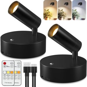 Kimjo Spot Lights Indoor, 4000mAh Rechargeable Battery LED Spotlight Indoor with Remote, Wireless Picture Lights with Timer Dimmable, Uplighting for Plant, Wall Art Display (2 Pack)
