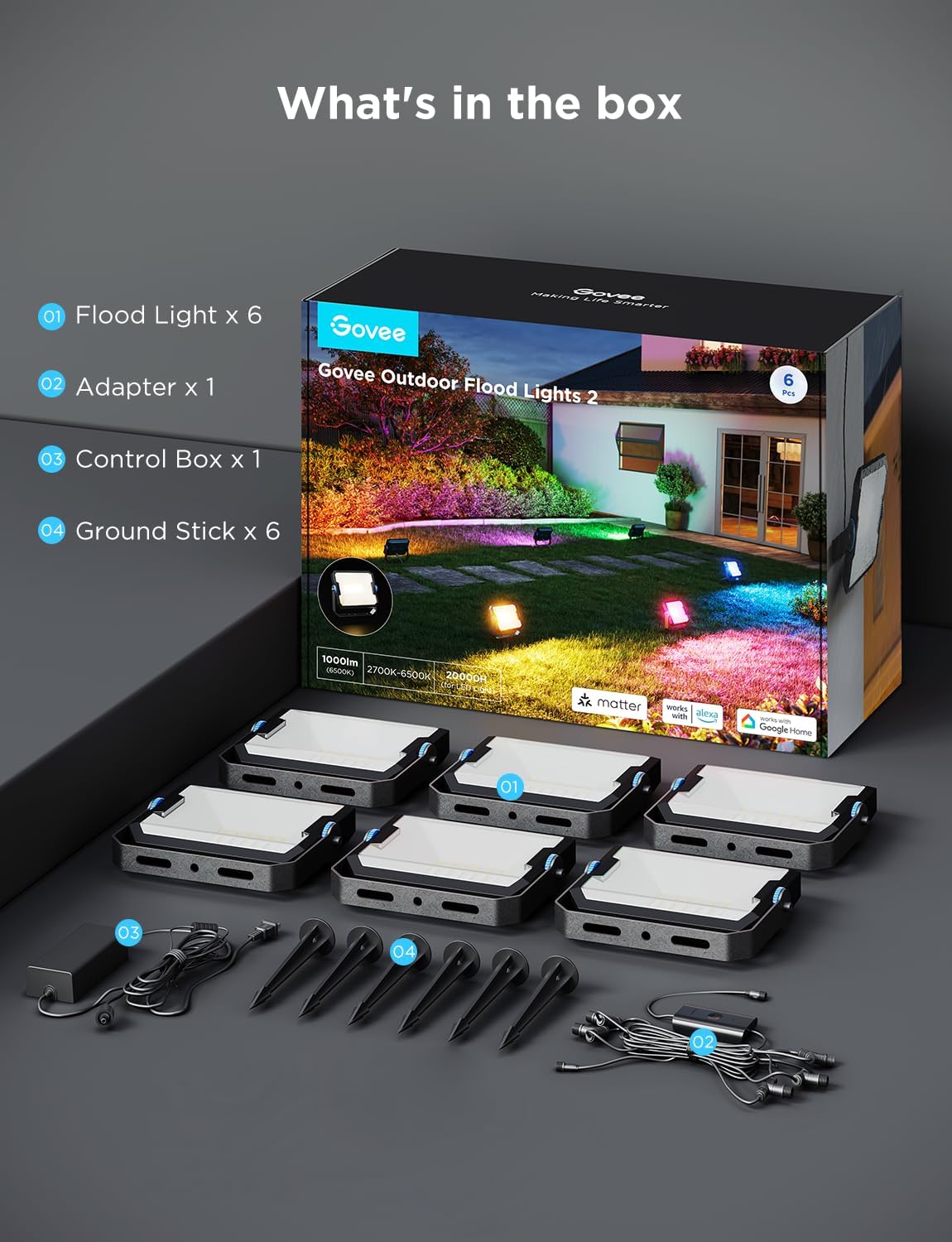 Govee Outdoor Flood Lights 2, RGBIC Warm Cold White LED Lights for Outdoor Decorations, 50 Scene Modes, Landscape Lighting, Upgrated IP66 with App Control, Wired 6 Pack - Image 8