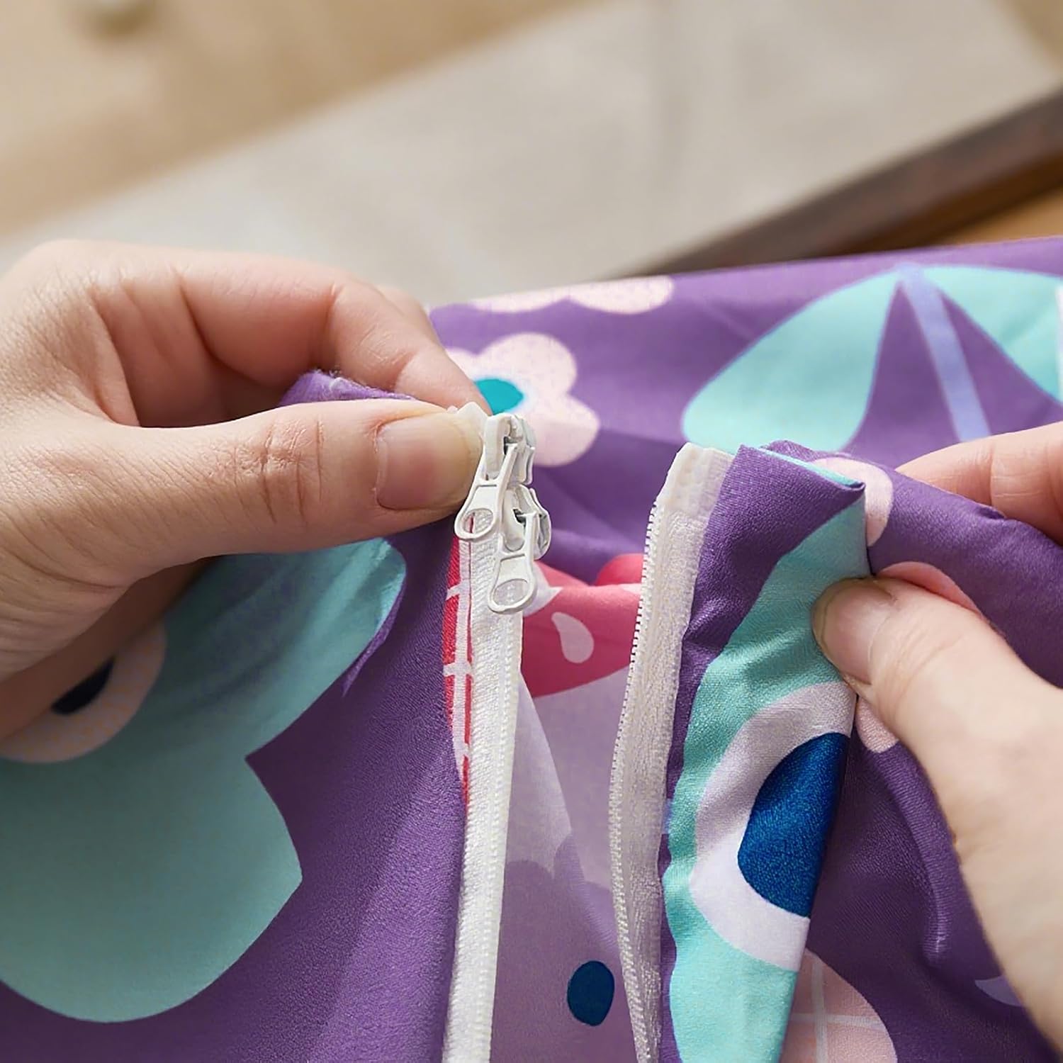 DJY Zipper Bedding Set Full, Purple Floral Bedding Sets for Girls, Kids Comforter Set with Fitted Sheet Pillowcases, All in One Zipper Bed Set for All Seasons - Image 3