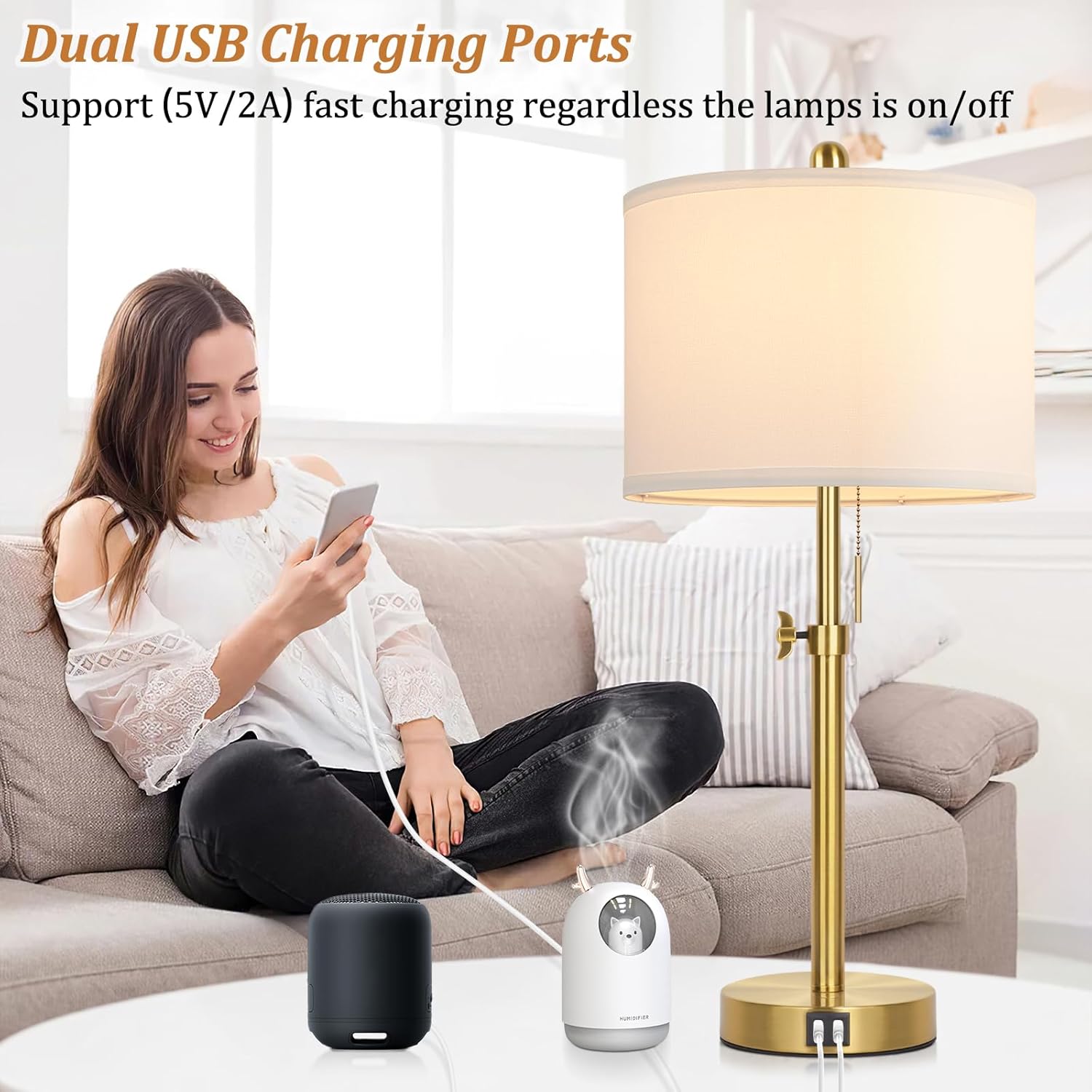 Table Lamp Set of 2, Bedside Lamp with 2 USB Ports, Gold Tall Table Lamp for Living Room End Tables, 23" to 30" Height Adjustable Lamp for Bedroom, Farmhouse Table Lamps with Pull Chain, E26 - Image 3