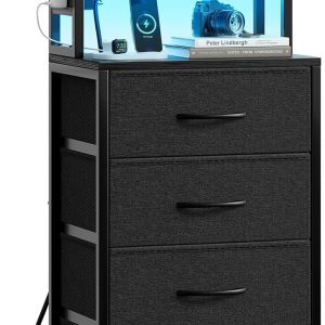 REAHOME 41 Inch Tall Nightstand with Charging Station, LED Night Stand with 6 Fabric Drawers, Bed Side Table with 3-Tier Wood Storage Shelves for Bedroom, Office, Small Spaces, Dark Gray