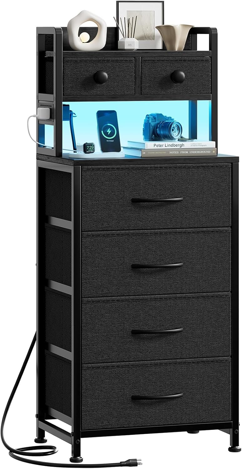 REAHOME 41 Inch Tall Nightstand with Charging Station, LED Night Stand with 6 Fabric Drawers, Bed Side Table with 3-Tier Wood Storage Shelves for Bedroom, Office, Small Spaces, Dark Gray