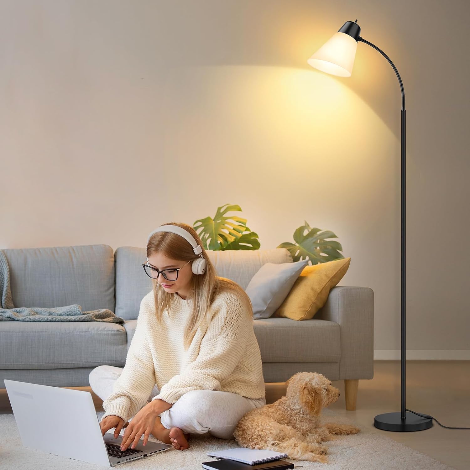 Floor Lamp for Living Room, Adjustable Gooseneck Standing Lamp with White Plastic Shade, Black Reading Floor Lamps for Dorm, Bulb not Included - Image 6