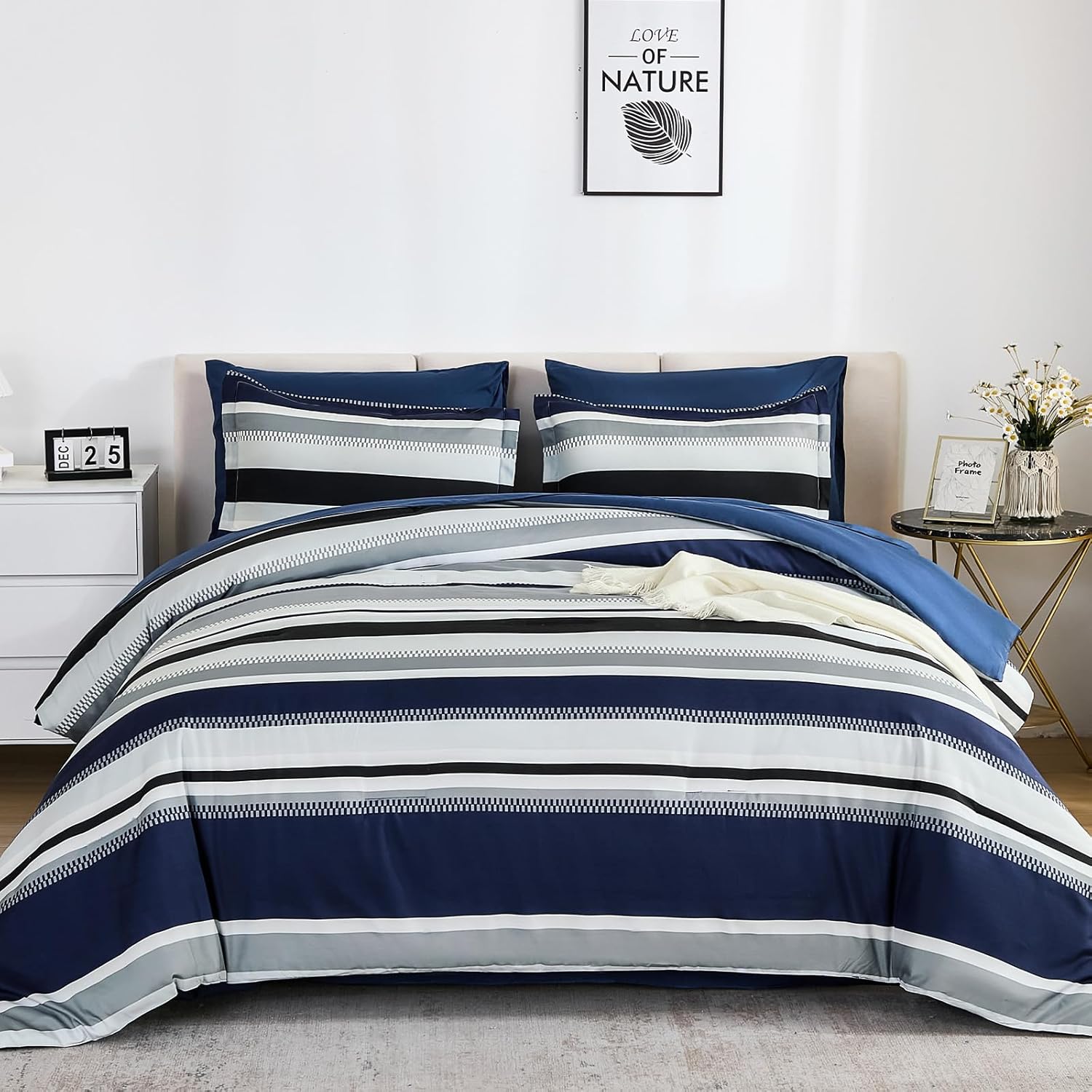 WONGS BEDDING Queen Comforter Set, 7 Pieces Blue Comforter Set Queen, Soft Striped Bed in a Bag Bedding Set with Comforter, Flat Sheet, Fitted Sheet, Pillow Shams, Pillowcase - Image 8