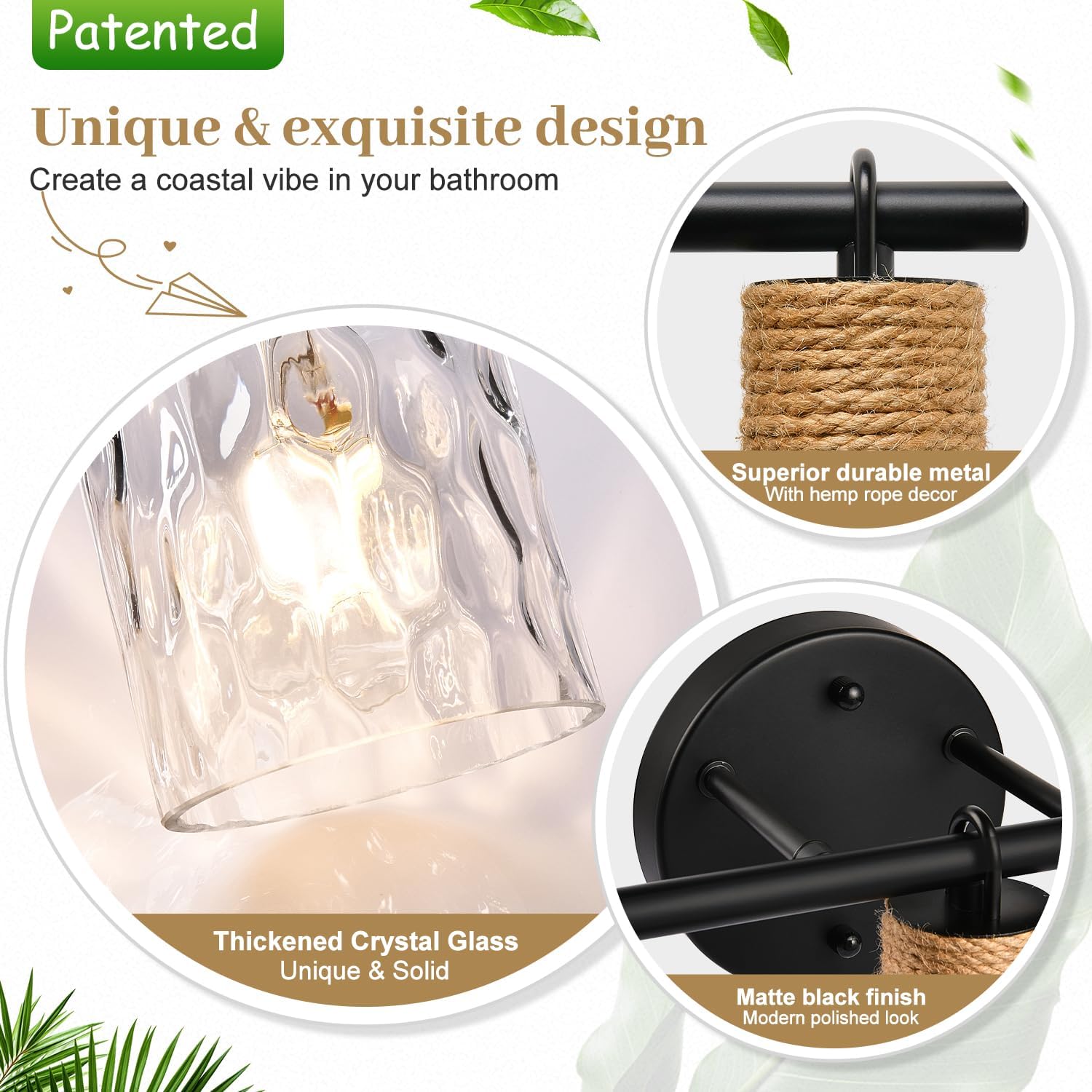 Coastal Bathroom Light Fixtures, Vanity Lights with Hammered Glass and Hemp Rope, 3-Light Matte Black Bathroom Wall Lamp for Mirror Hallway Cabinet - Image 4