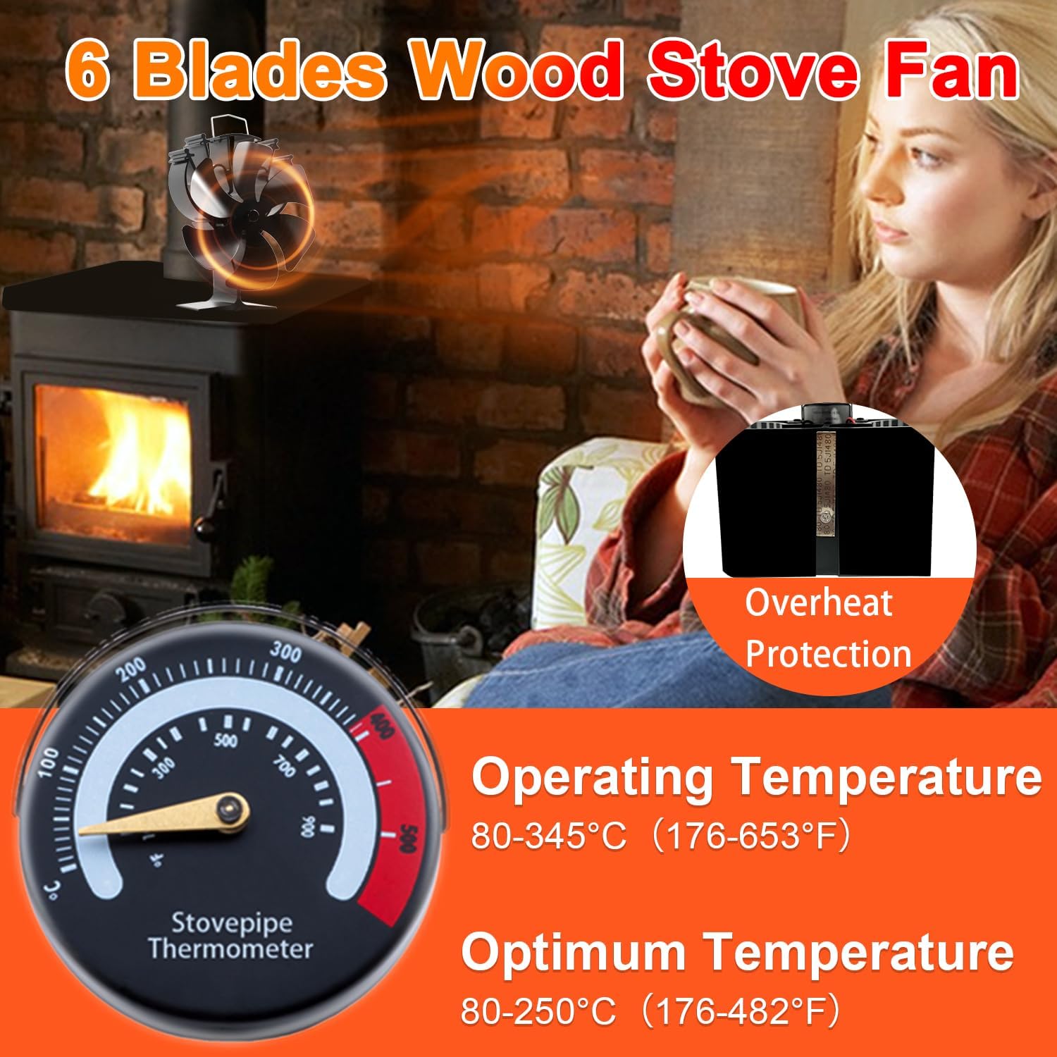 VODA Wood Stove Fan Heat Powered Fireplace Fans 6 Blades Non Electric Thermal Fan for Wood Burning Stoves Log Burner,w/Stove Accessories Thermometer - Image 2