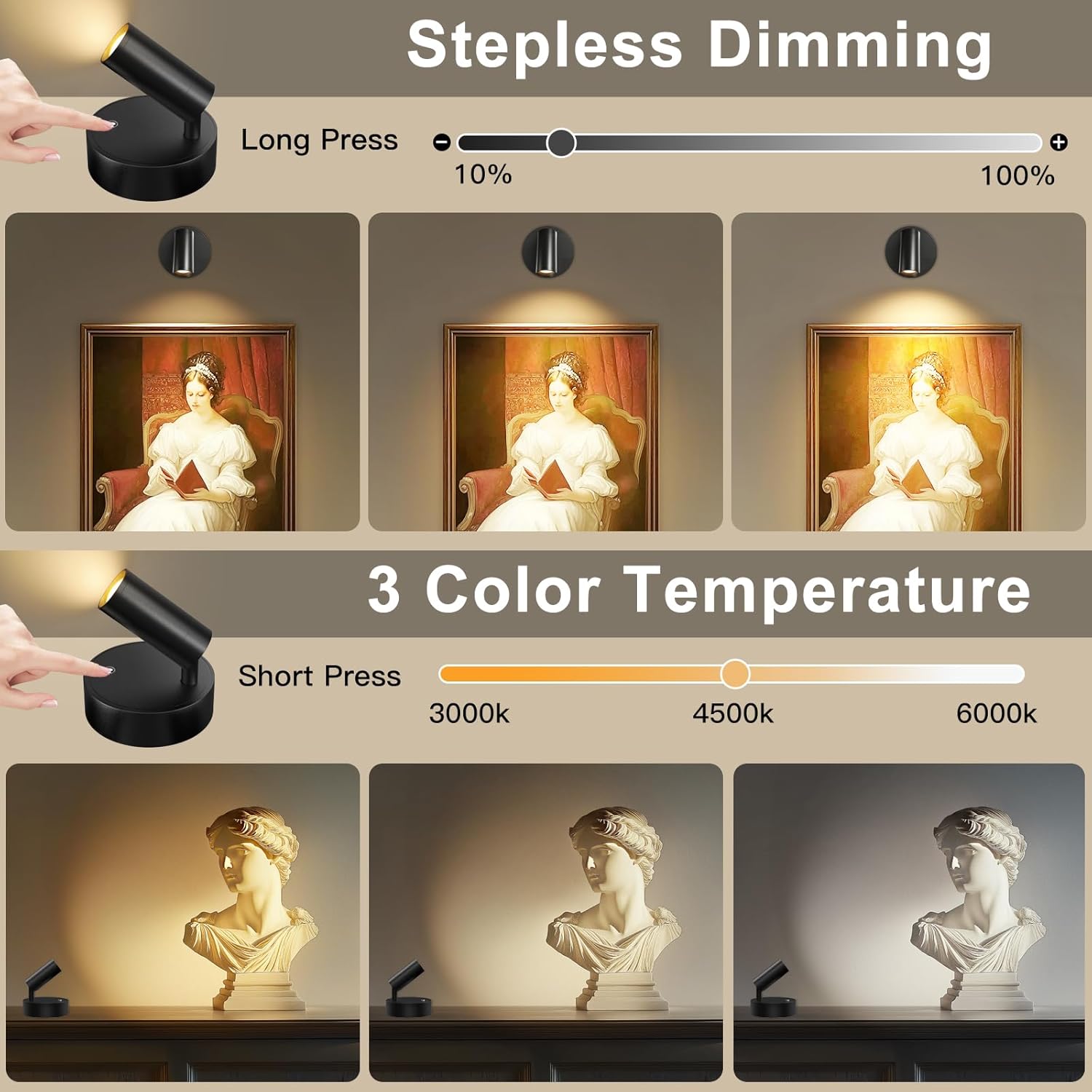 Kimjo Spot Lights Indoor, 4000mAh Rechargeable Battery LED Spotlight Indoor with Remote, Wireless Picture Lights with Timer Dimmable, Uplighting for Plant, Wall Art Display (2 Pack) - Image 5