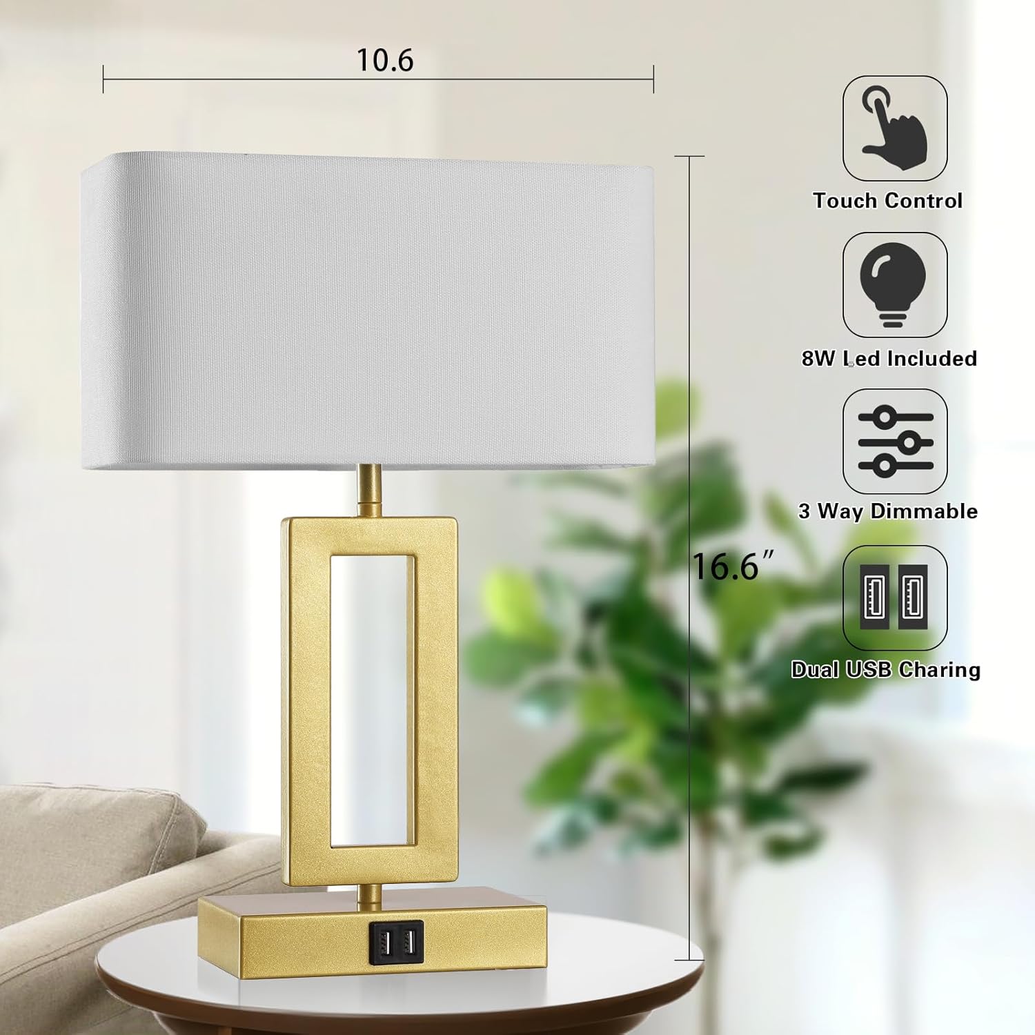 Gold Table Lamps Set of 2 with Dual USB Ports,3-Way Dimmable Touch Control Bedside Lamps,Modern Bedroom Table Lamp for Living Room,Nightstand LED Bulbs Included - Image 4