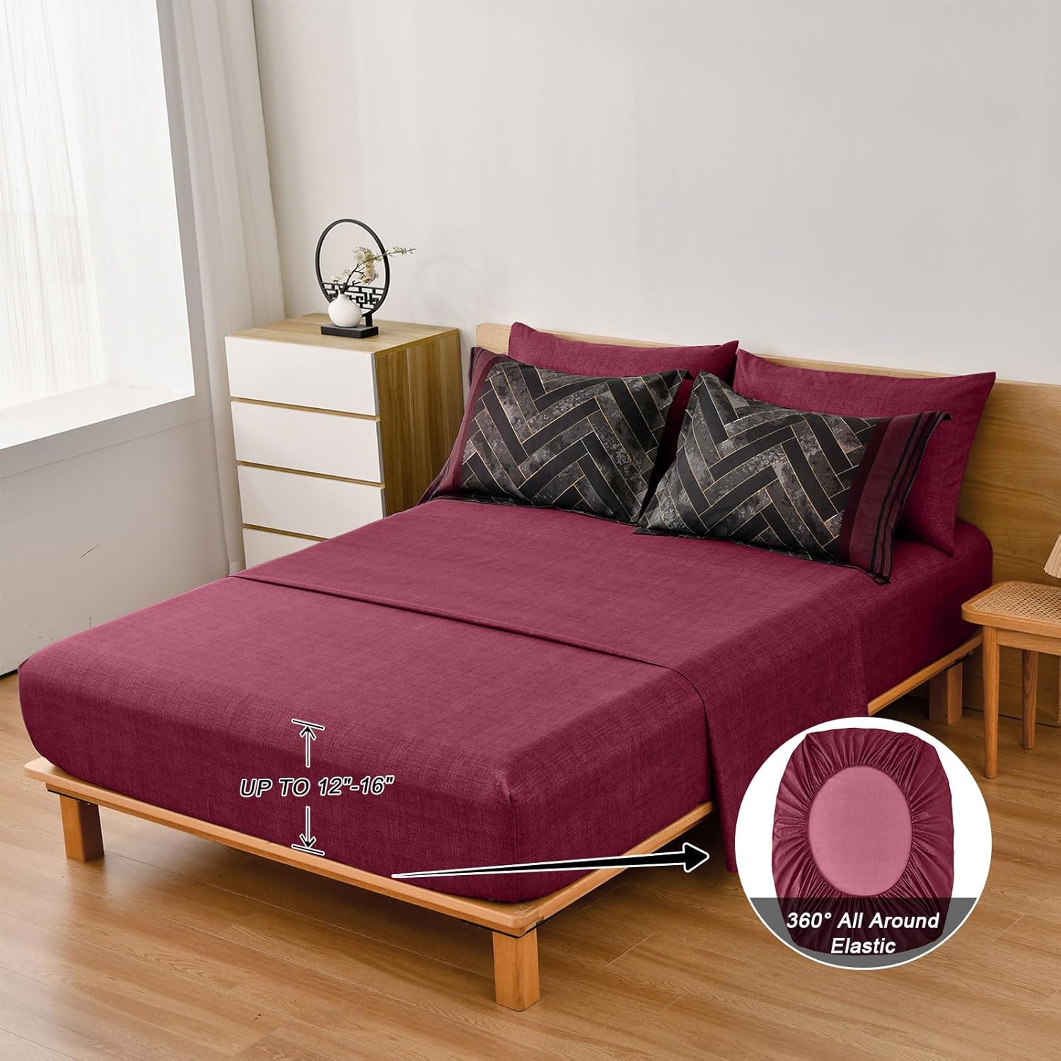 Luxudecor Burgundy Comforter Set Queen Size 7 Pieces Red and Black Stripe Bed in a Bag Geometric Comforter and Sheet Set, Soft Microfiber Complete Bedding Sets for All Seasons - Image 6