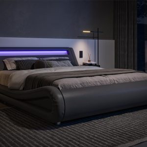 Allewie Queen Size LED Platform Bed Frame with Adjustable Headboard/No Box Spring Need/Easy Assembly/Faux Leather in Grey