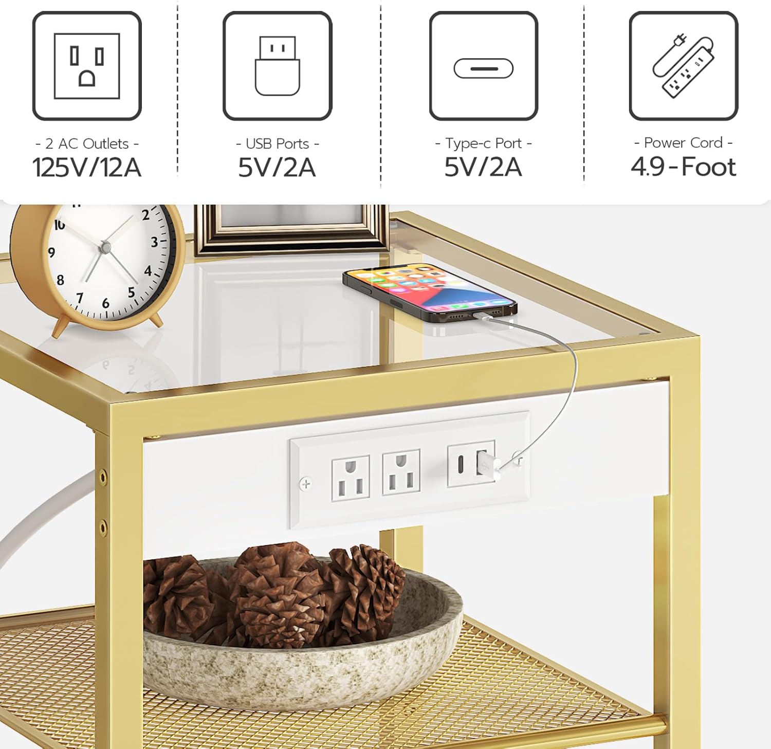 HOOBRO End Tables Set of 2 with Charging Station, Side Tables with USB Ports & Power Outlets, 3-Tier Slim Nightstands with Storage Shelves, Tempered Glass, for Living Room, Bedroom, Gold GD77UBZP201 - Image 7