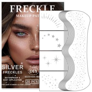 20PCS Glitter Freckles, Glitter Freckles Face Tattoo, Sparkle Freckles for Women and Kids, Cute Star Waterproof Silver Temporary Face Tattoos Glitter Glow Up Patches Makeup Patches (Silver)