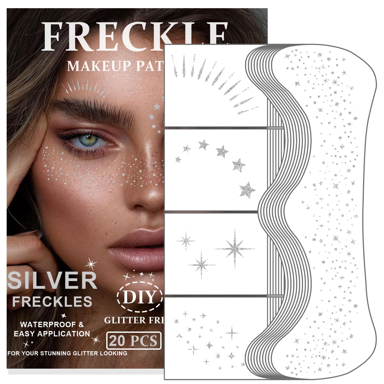 20PCS Glitter Freckles, Glitter Freckles Face Tattoo, Sparkle Freckles for Women and Kids, Cute Star Waterproof Silver Temporary Face Tattoos Glitter Glow Up Patches Makeup Patches (Silver)