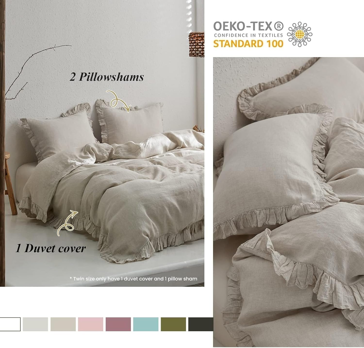 Simple&Opulence 100% Linen Duvet Cover Set, 3 PCS Natural French Flax Ruffle Duvet Cover Queen Size, Breathable Comfy Linen Bedding Comforter Cover with 2 Pillowcases (Natural Linen, 88" X 92") - Image 2