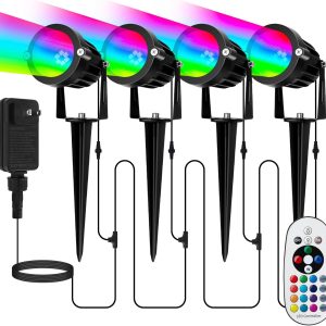 Halloween Spotlight Outdoor, All-in-ONE RGBW Christmas Spot Lights with Remote, 6W 24V Plug-in Color Changing Low Voltage Landscape Lighting Kit with IP65 Waterproof for Yard Garden, 4 Pack