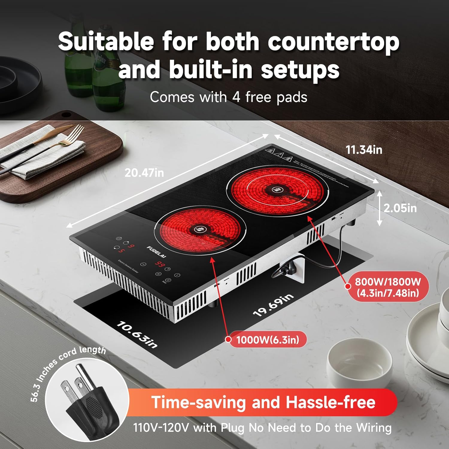 2 Burners Electric Cooktop, Portable Ceramic Cooktop with 9 Power Levels & Timer, 1800W 120V, Child Safety Lock, Built-in/Countertop Use, RV Camping, Safety Auto Shutoff, UL Certified Plug - Image 6