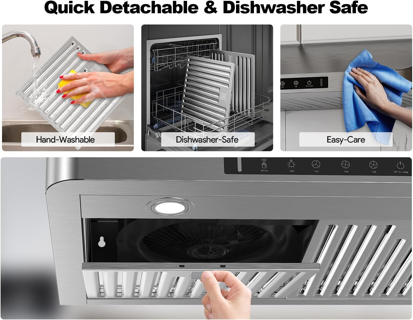 30 Inch Under Cabinet Range Hood, 980CFM Fast Venting Ducted, Kitchen Hood With 3 Speed Gesture Sensing & Touch Control, Stainless Steel Stove Hood With LED Light And 2 Baffle Filters - Image 6