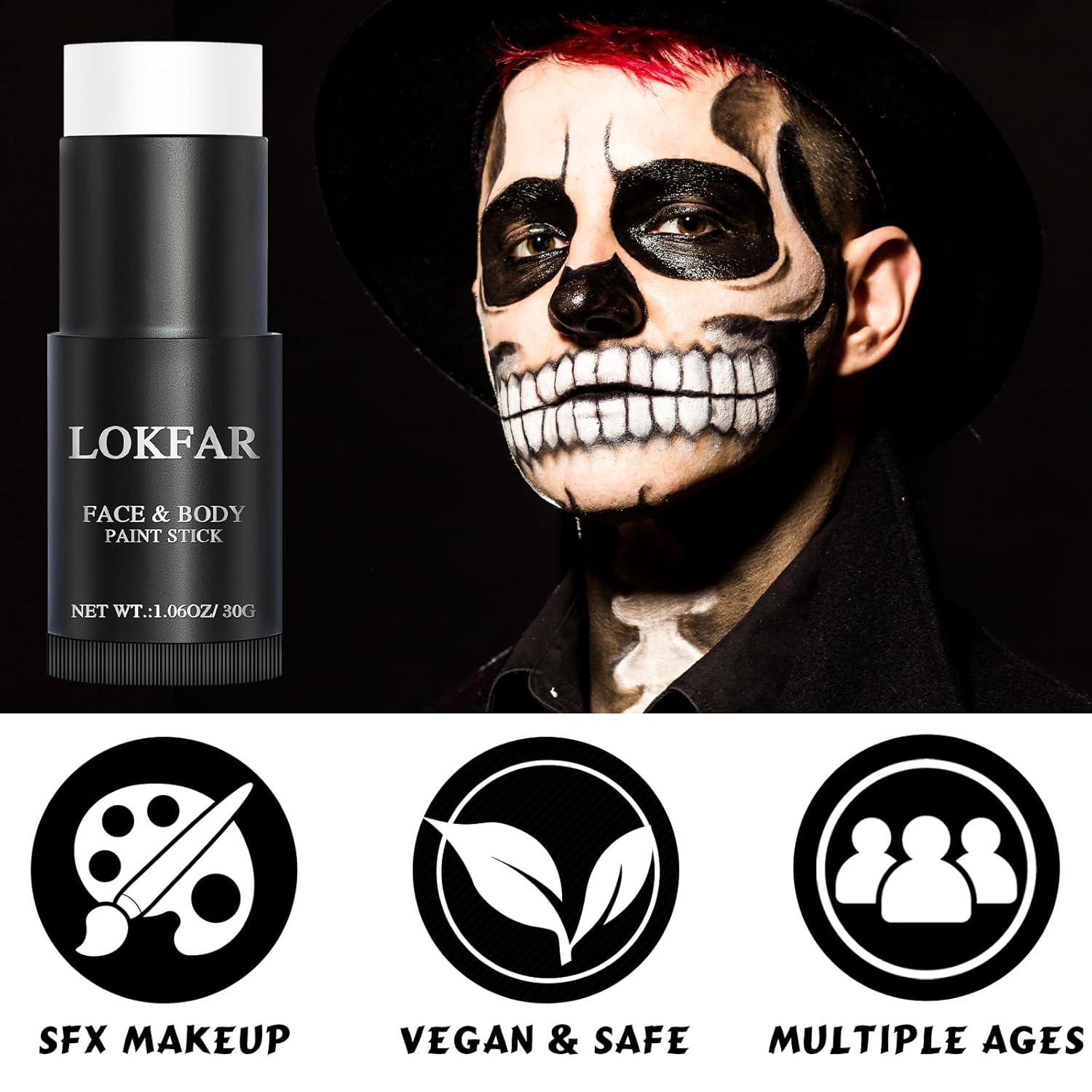 White Face Body Paint Stick, Eye Black Stick for Sports, Waterproof Full-Coverage White Foundation Face Makeup for Halloween Zombie Clown Vampire Skeleton Skull Joker Goth Cosplay Makeup - Image 3