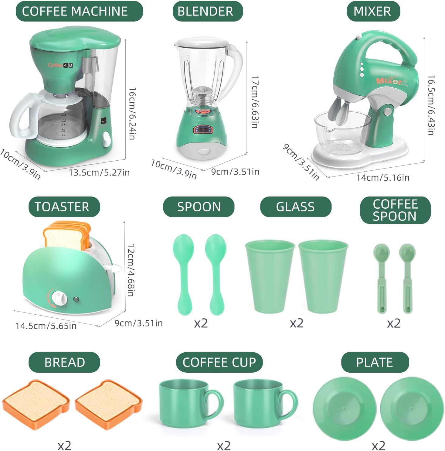 Play Kitchen Toys, Pretend Play Kitchen Appliances Toy Set with Coffee Maker, Mixer, Toaster with Realistic Lights& Sounds, Birthday Gift for Kids Ages 3-5 4-6 6-8 (Green) - Image 8