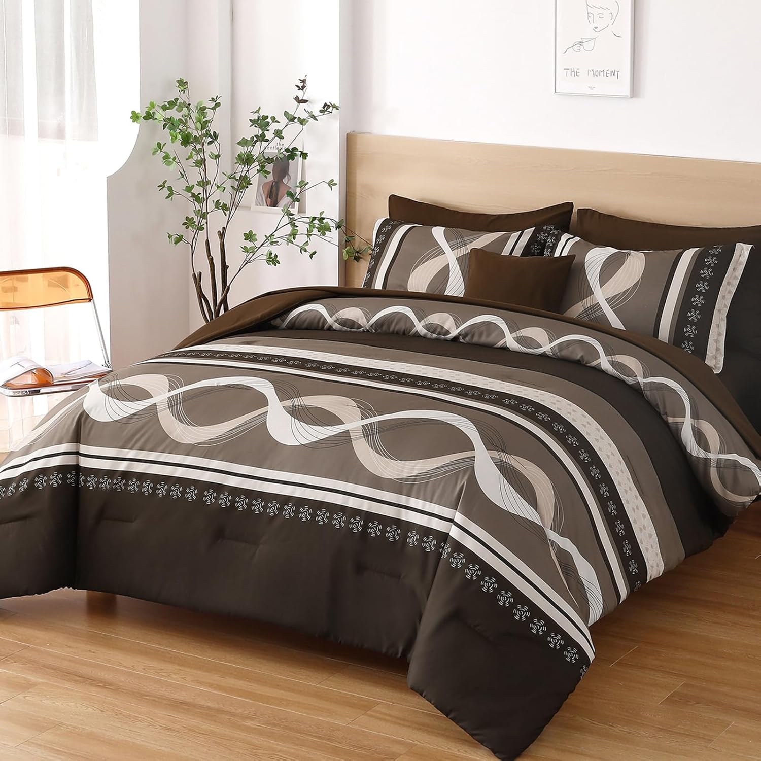 Brown Comforter Set King Size, 8 Pieces Bed in a Bag Patchwork Striped Comforter Set, Soft Microfiber Boho Bedding Set for All Season(90"×104") - Image 2