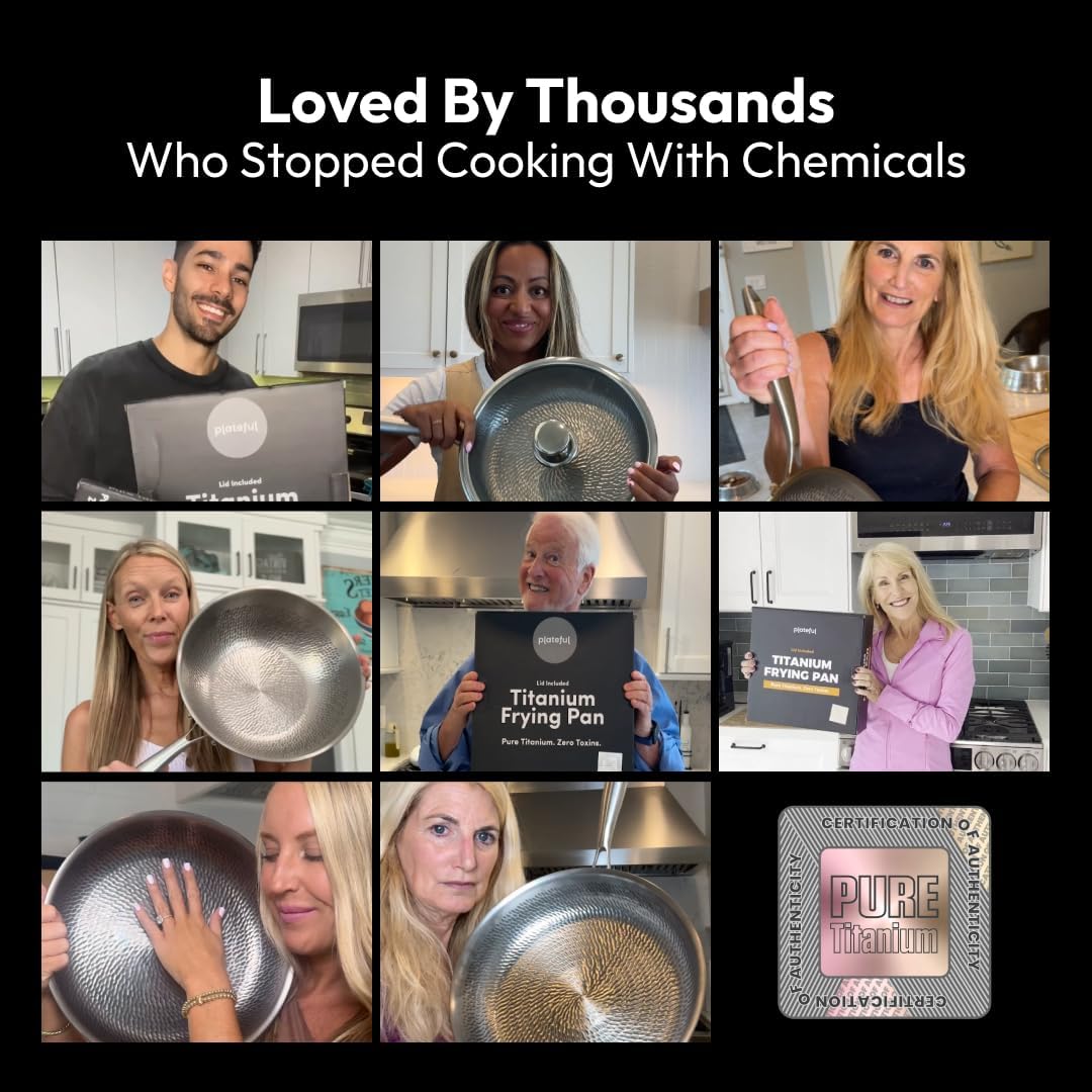 Plateful Titanium Pan For Cooking 12" - Pure, No Coating Non-Stick Titanium Cookware, Frying Pans, Hammered Pan, Safe For Oven, Induction & Cooktops Up To 750°F, Includes Lid - Image 6